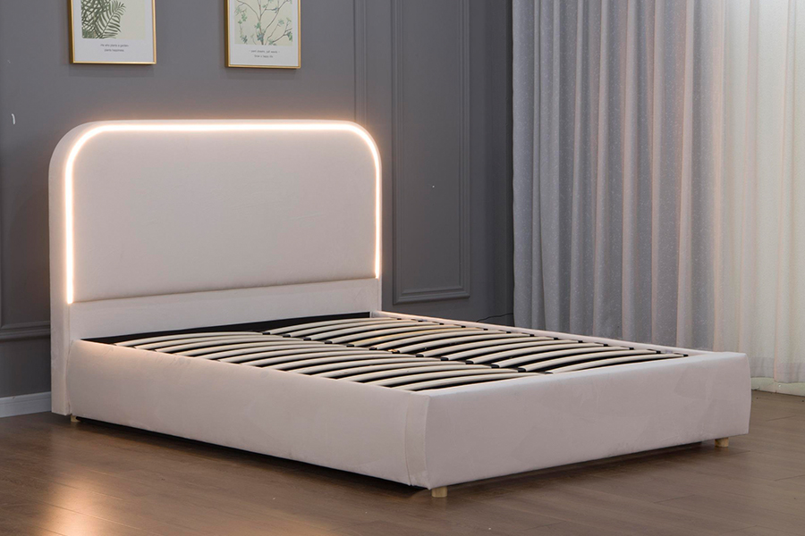 Tête de lit incurvée en bois 5032-1G, cadre de lit rembourré à LED