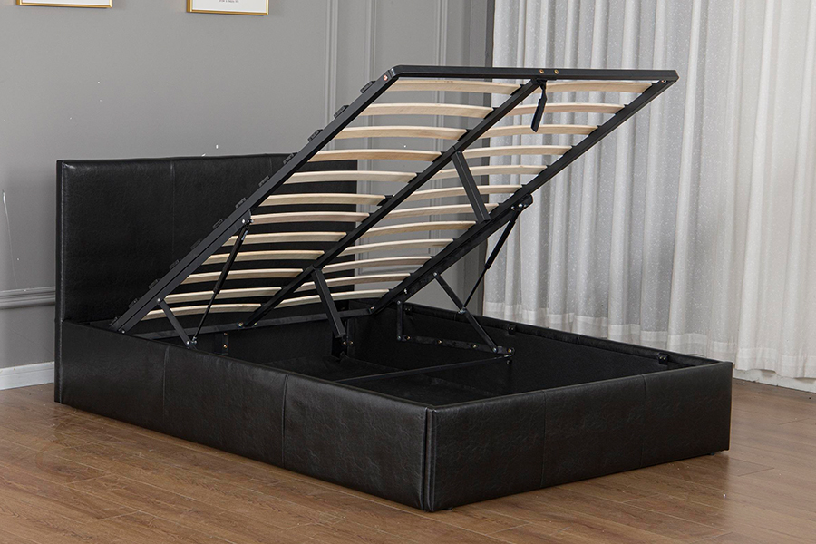 Cadre de lit de rangement rembourré en simili cuir noir moderne 5030G