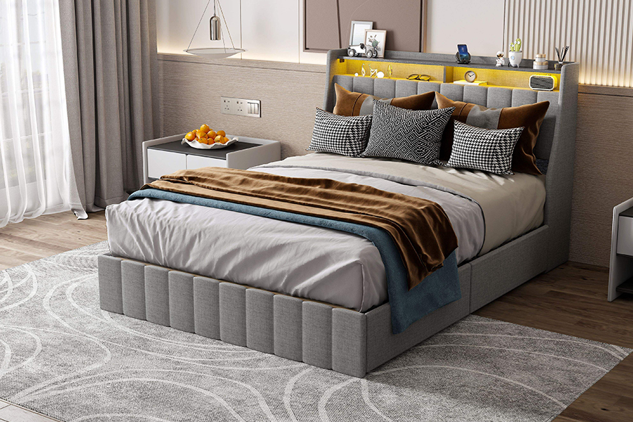 Lit en tissu gris N2, matériaux écologiques, cadre de lit rembourré à LED