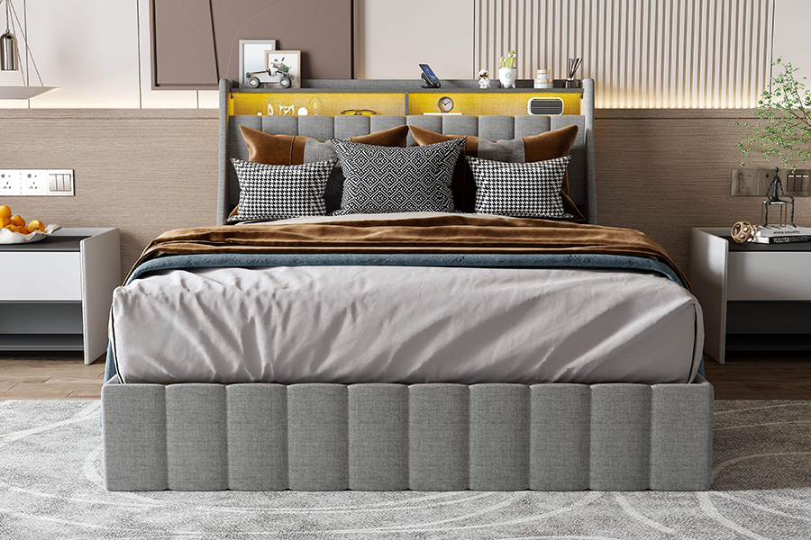Lit en tissu gris N2, matériaux écologiques, cadre de lit rembourré à LED