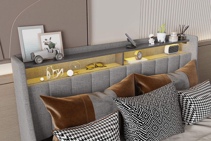 Lit en tissu gris N2, matériaux écologiques, cadre de lit rembourré à LED