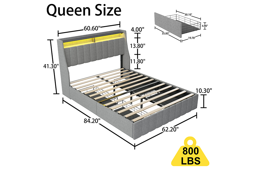 Lit en tissu gris N2, matériaux écologiques, cadre de lit rembourré à LED