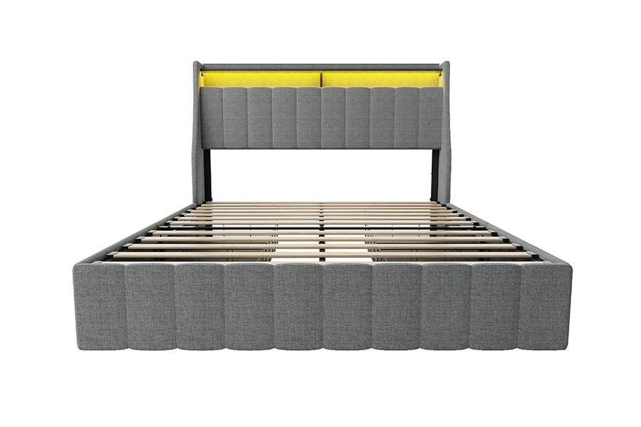 Lit en tissu gris N2, matériaux écologiques, cadre de lit rembourré à LED