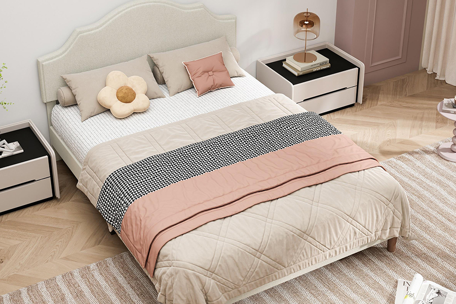 Lit rembourré queen size en tissu beige de haute qualité N21