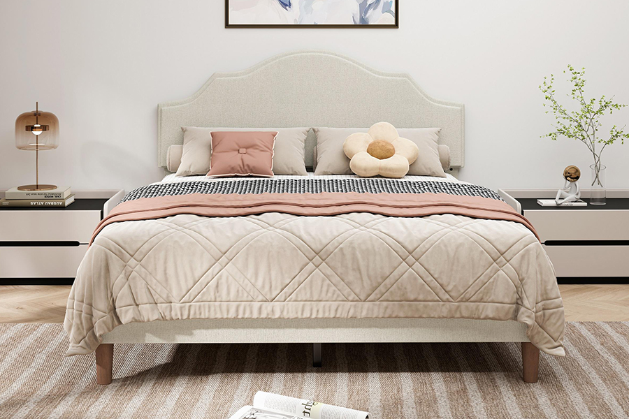 Lit rembourré queen size en tissu beige de haute qualité N21