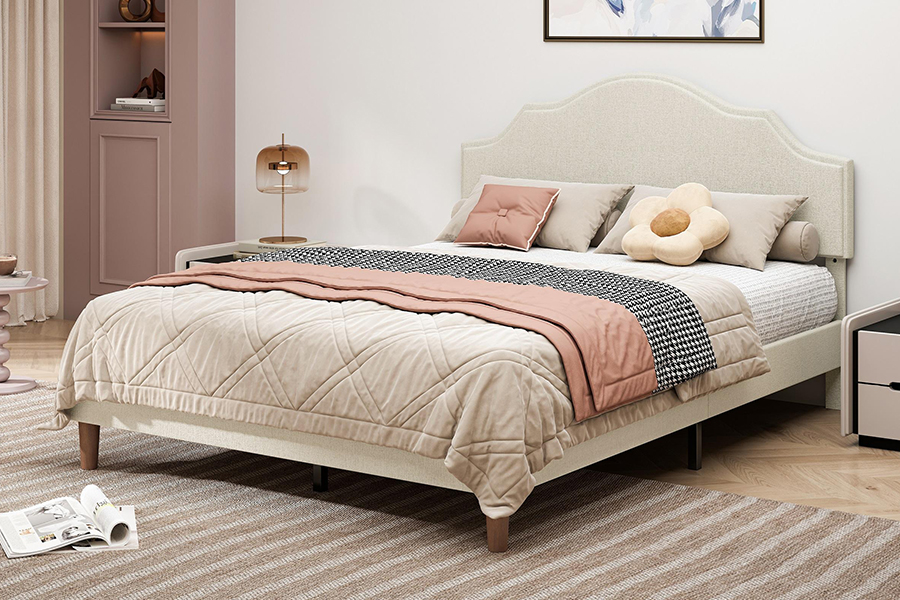Lit rembourré queen size en tissu beige de haute qualité N21