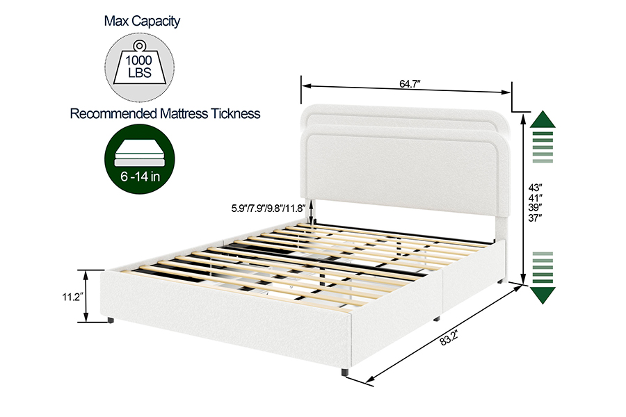 Tiroirs de rangement de lit N3, cadres de lit de rangement rembourrés durables