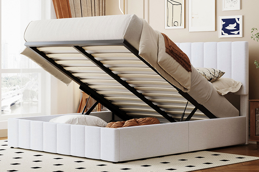 Cadres de lit de rangement rembourrés à cadre en bois durable et écologique en tissu blanc N5