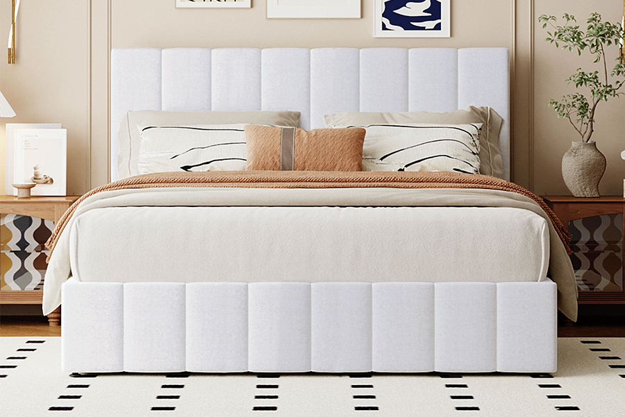 Cadres de lit de rangement rembourrés à cadre en bois durable et écologique en tissu blanc N5