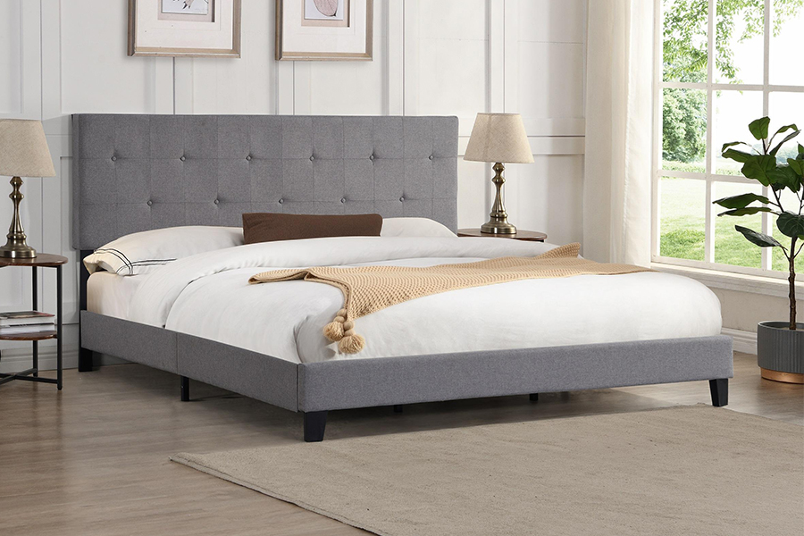 Lit rembourré avec tête de lit capitonnée à boutons en tissu gris N7