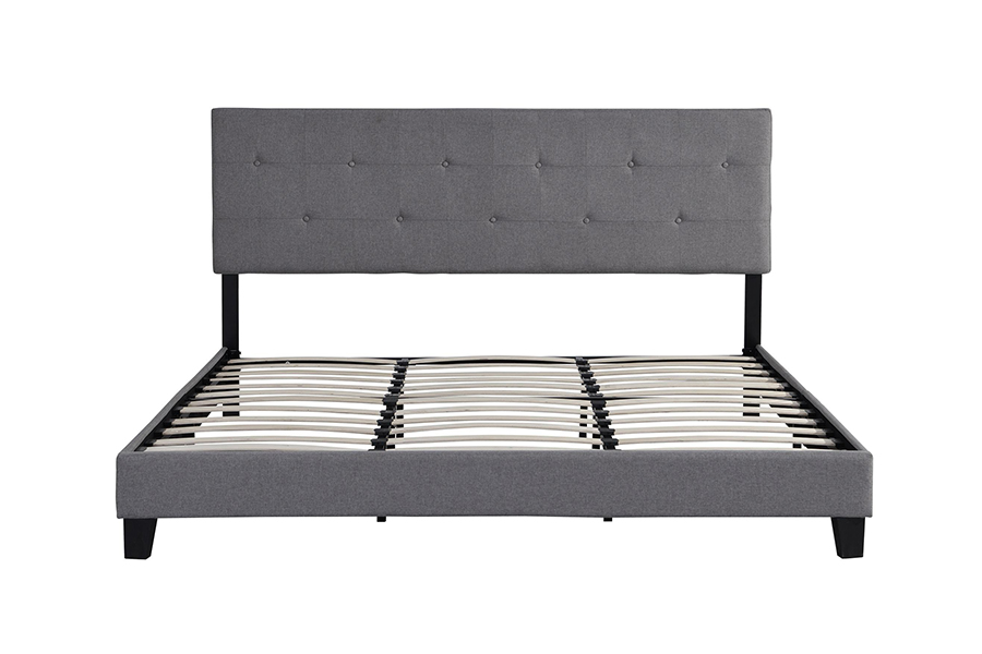 Lit rembourré avec tête de lit capitonnée à boutons en tissu gris N7