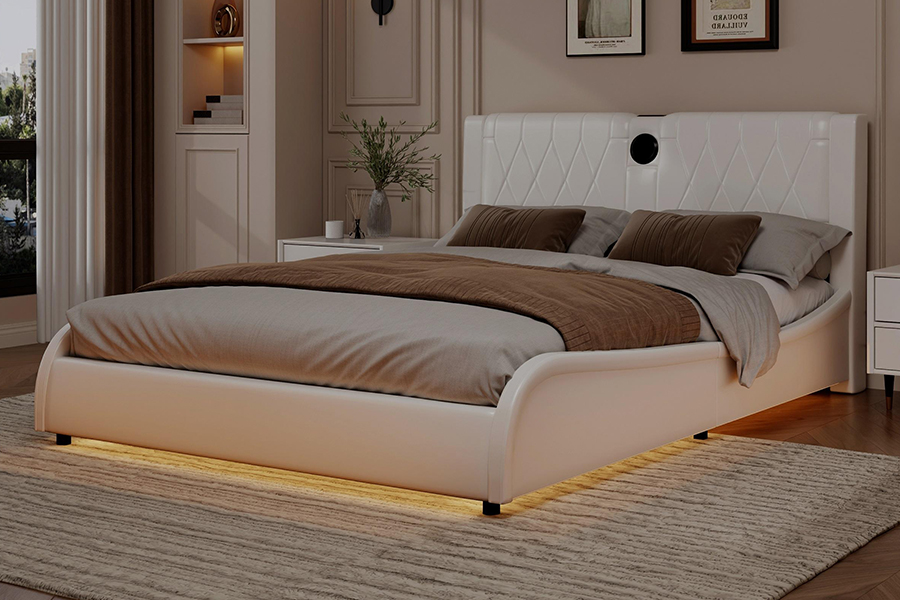 Lit à plate-forme réglable N8, lit doux blanc moderne, cadre de lit rembourré à LED