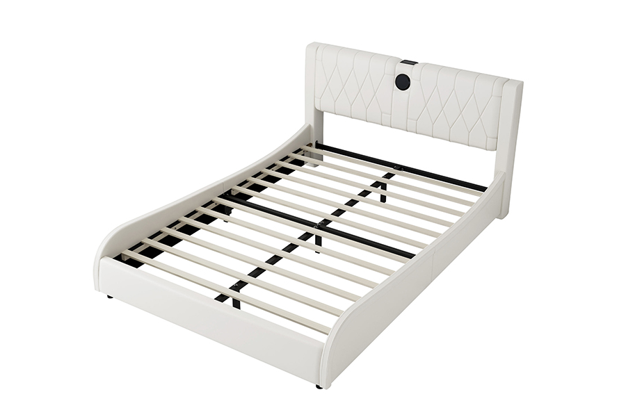 Lit à plate-forme réglable N8, lit doux blanc moderne, cadre de lit rembourré à LED