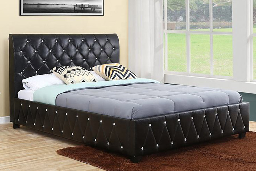 1367 Lit rembourré avec tête de lit en cuir PU souple noir