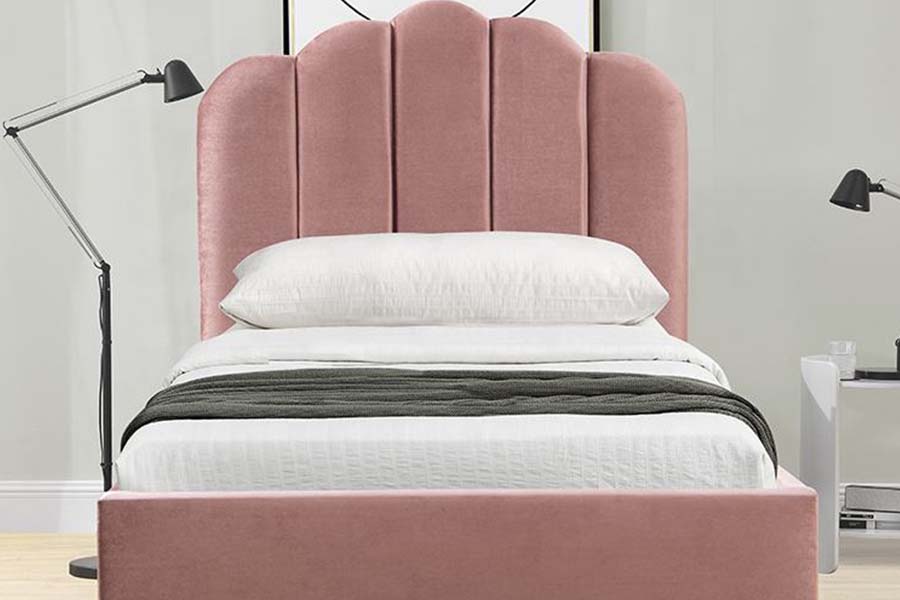 Lit plateforme en tissu de lin rose 1655, lit rembourré