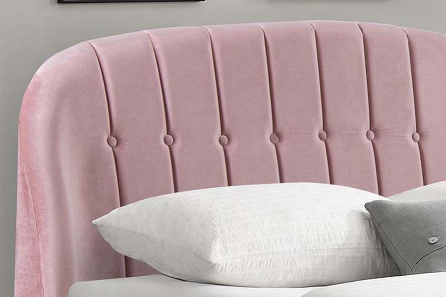 1598 Lit rembourré en tissu velours rose avec panneau en bois