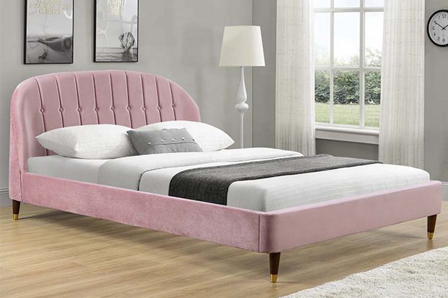 1598 Lit rembourré en tissu velours rose avec panneau en bois