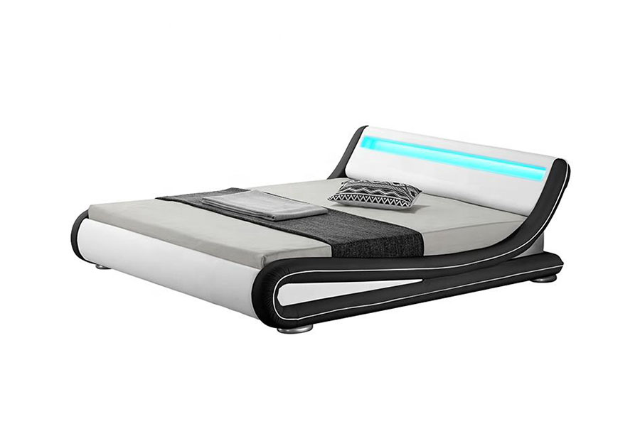 1137-1 Cadre de lit rembourré en cuir avec rangement Smart LED King