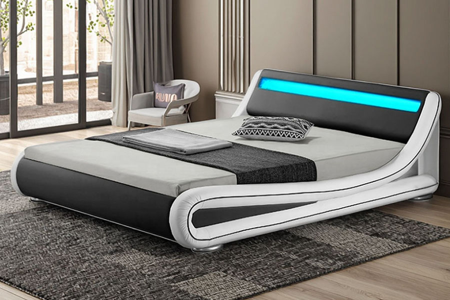 1137-1 Cadre de lit rembourré en cuir avec rangement Smart LED King