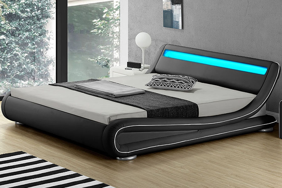 1137-1 Cadre de lit rembourré en cuir avec rangement Smart LED King