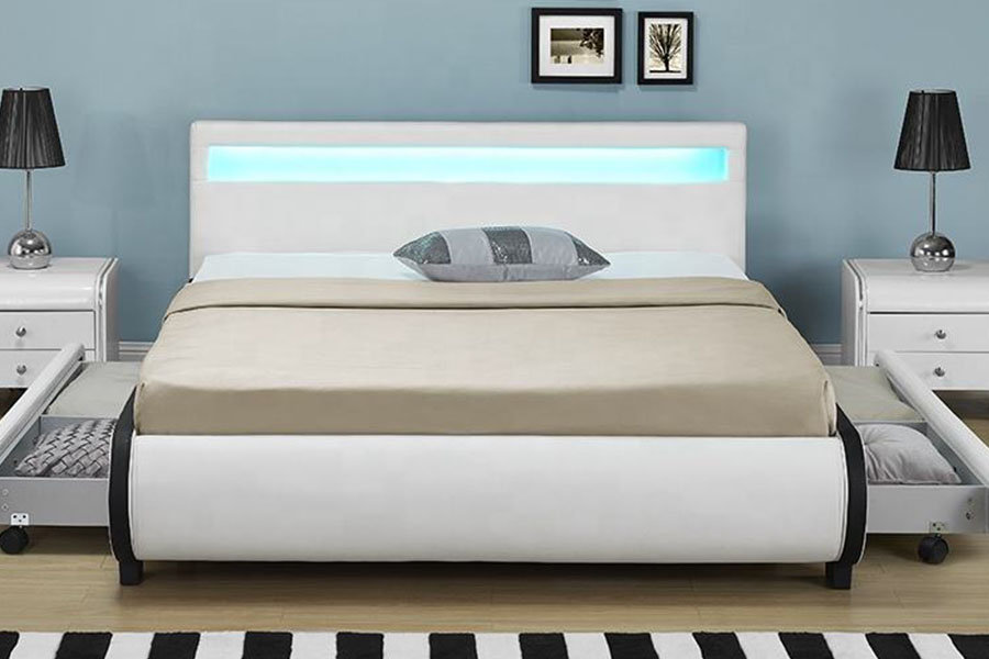 1135-1D Lit en cuir PU avec tiroir rembourré de rangement à LED