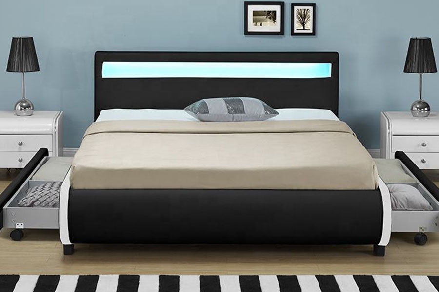 1135-1D Lit en cuir PU avec tiroir rembourré de rangement à LED