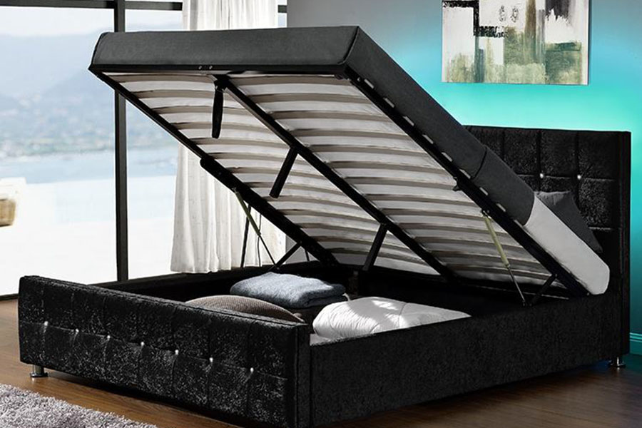 1149-1G Lit de rangement moderne à vérin à gaz LED en velours chenille