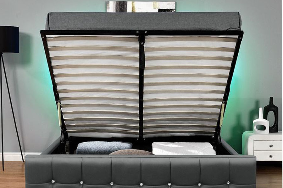 1149-1G Lit de rangement moderne à vérin à gaz LED en velours chenille