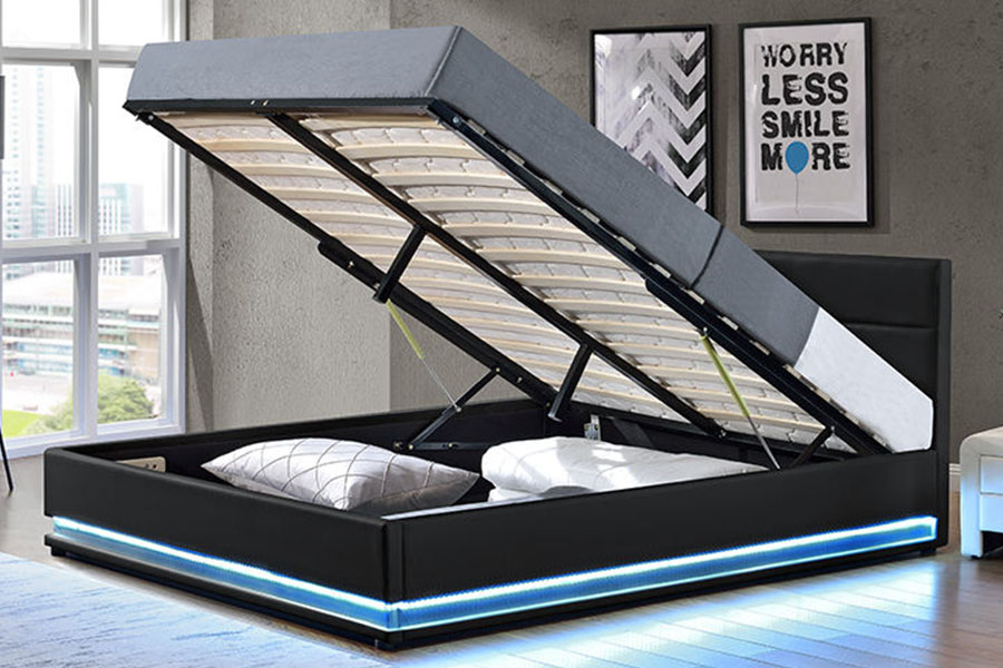 Cadre de lit rembourré à LED de rangement en cuir de luxe moderne 1165-1G