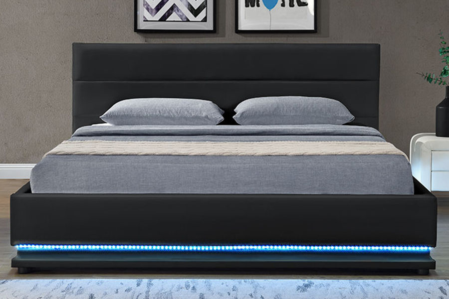 Cadre de lit rembourré à LED de rangement en cuir de luxe moderne 1165-1G