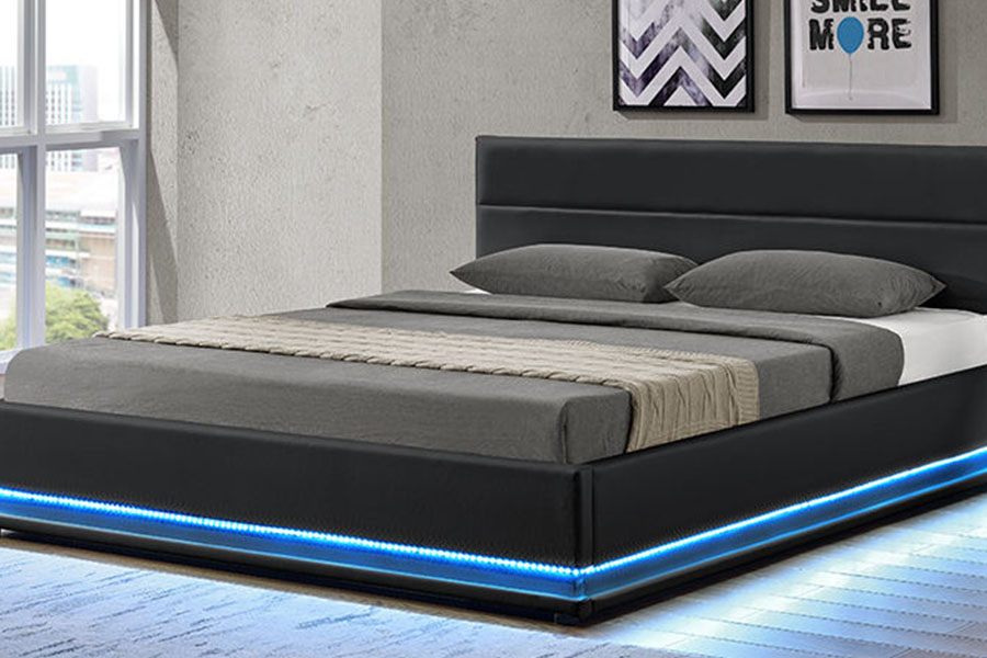Cadre de lit rembourré à LED de rangement en cuir de luxe moderne 1165-1G