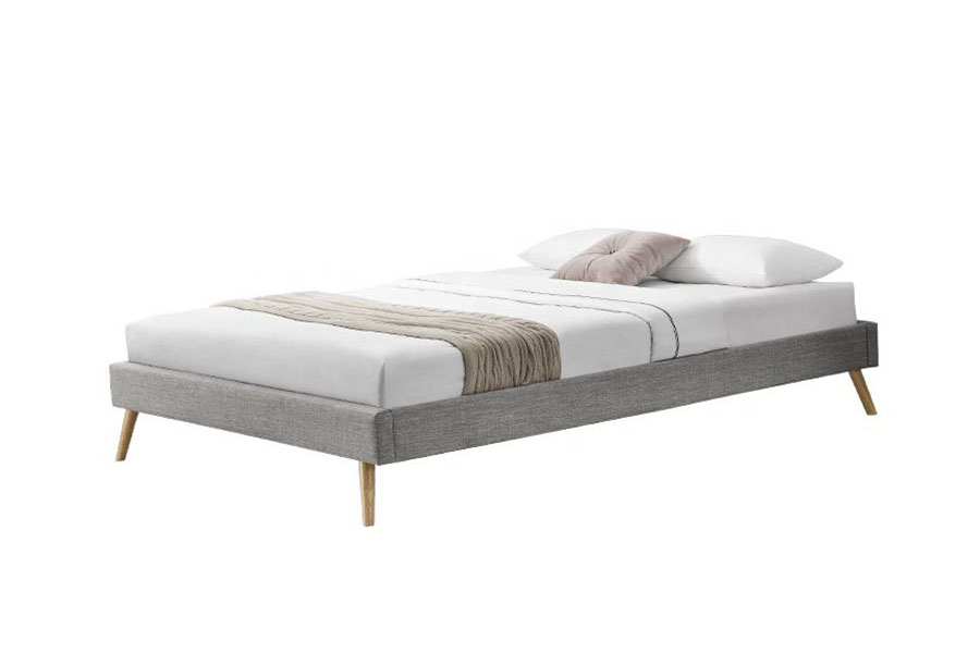 Lit scandinave avec pieds en bois et lin, panneau en contreplaqué 1159C