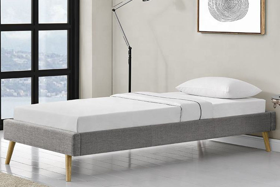 Lit scandinave avec pieds en bois et lin, panneau en contreplaqué 1159C