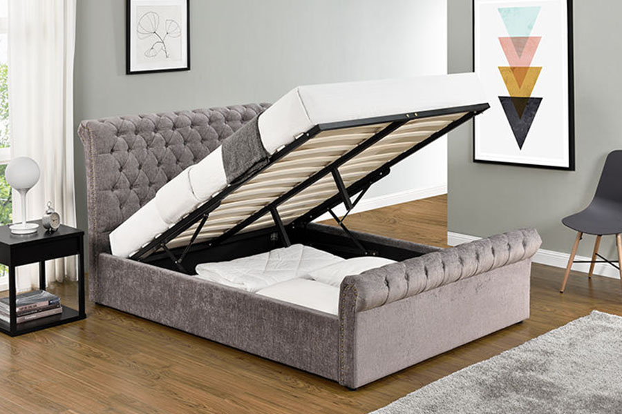 1208G Cadre de lit avec rangement ottoman en velours chenille Chesterfield