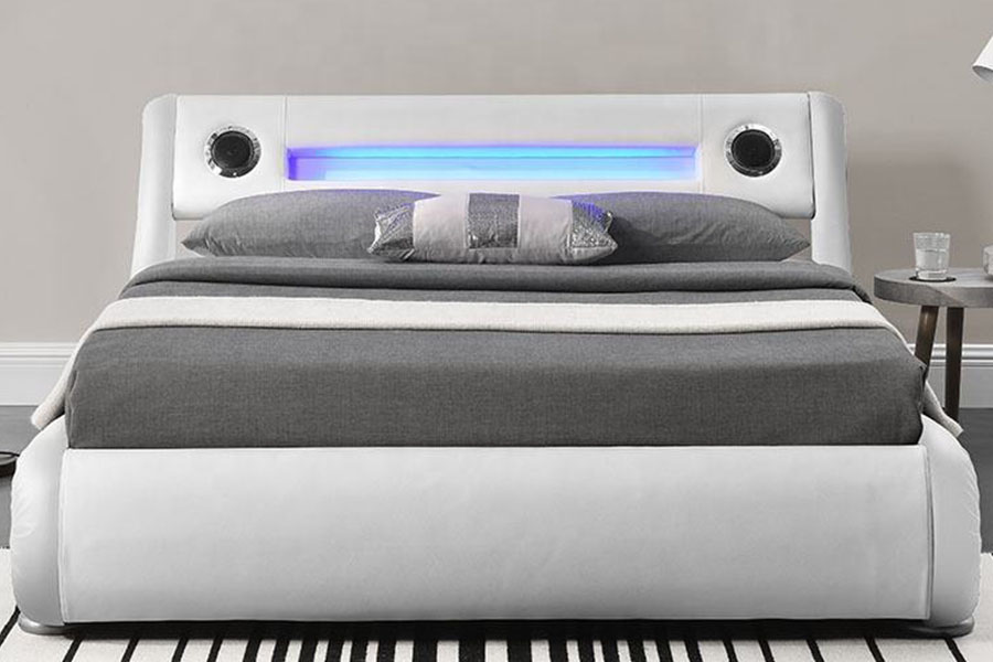 1324-1GS Magnifique haut-parleur LED en cuir avec rangement par vérin à gaz, cadre de lit rembourré