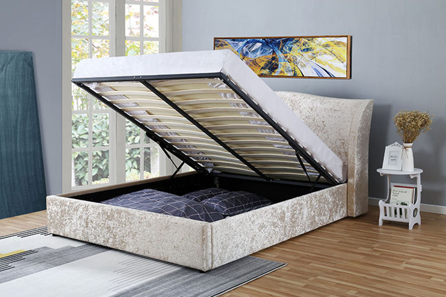 Cadre de lit de rangement rembourré ottoman finition huître en velours champagne 1320G