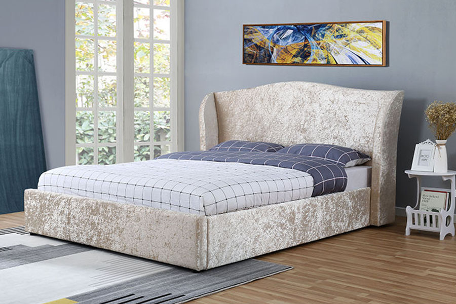 Cadre de lit de rangement rembourré ottoman finition huître en velours champagne 1320G
