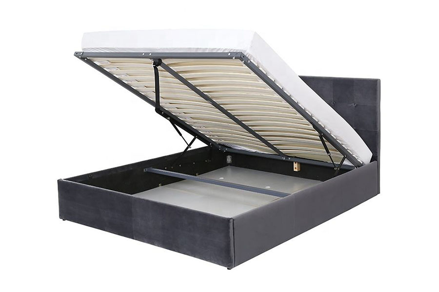 Cadre de lit rembourré avec rangement en bois, vérin à gaz en velours à fonctionnement Flexible 1407G