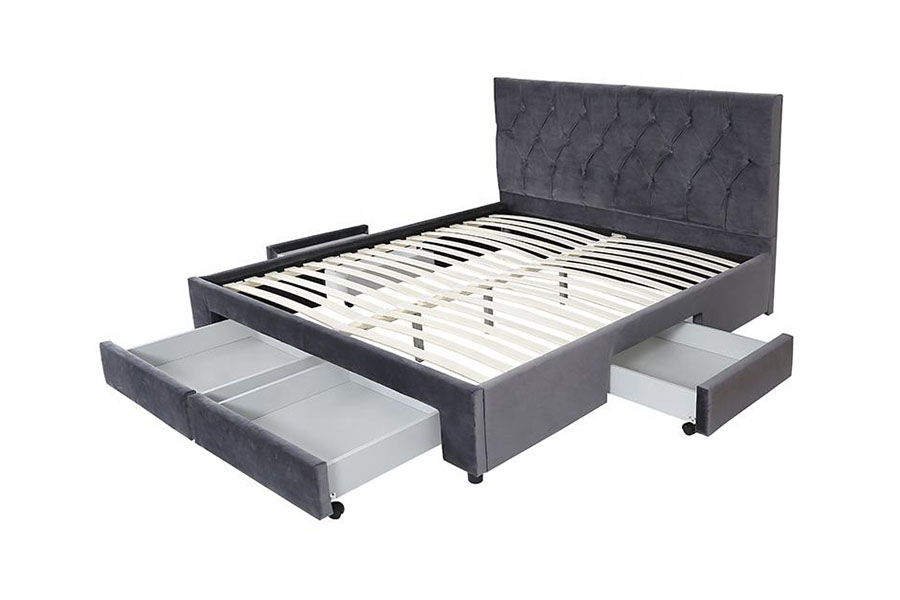 Cadre de lit de rangement rembourré avec tiroir à base de bois en velours King 1406D
