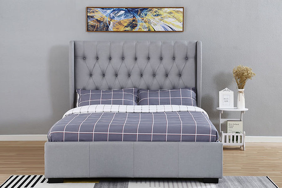 Cadre de lit avec rangement à tête haute et à oreilles, en tissu gris, avec boutons et détails, 1310G
