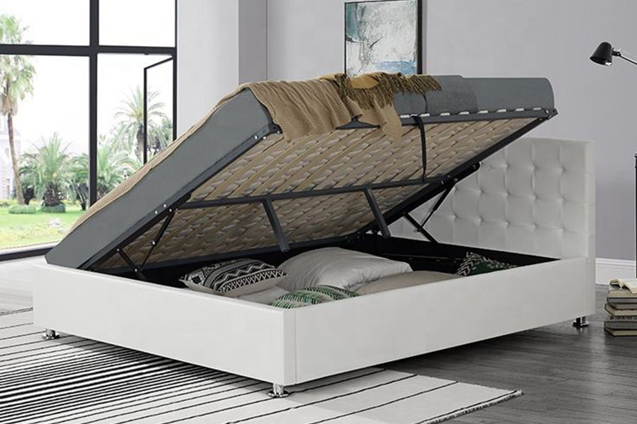 Cadre de lit de rangement rembourré avec repose-pieds d'intérieur en similicuir PU noir 1405G