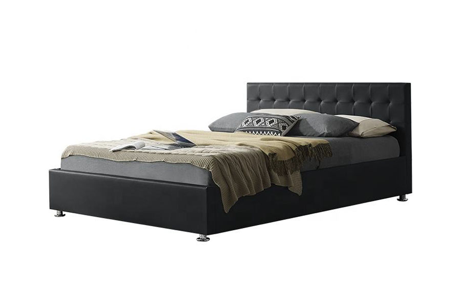Cadre de lit de rangement rembourré avec repose-pieds d'intérieur en similicuir PU noir 1405G