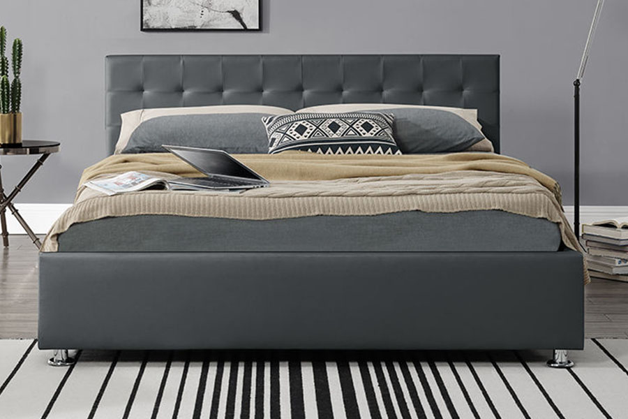 Cadre de lit de rangement rembourré avec repose-pieds d'intérieur en similicuir PU noir 1405G