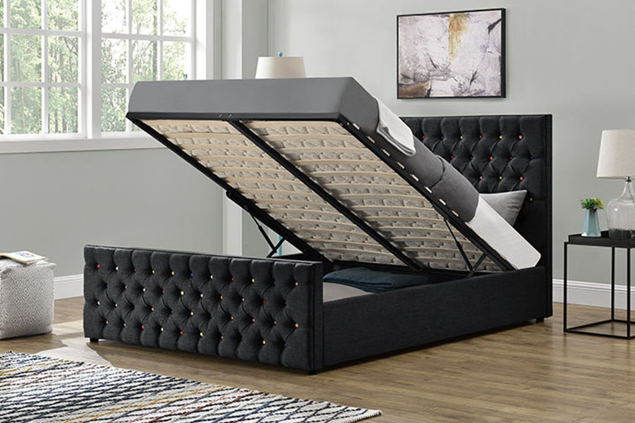 Cadre de lit de rangement avec ascenseur à gaz, plateforme capitonnée à boutons, tissu noir, 1308G