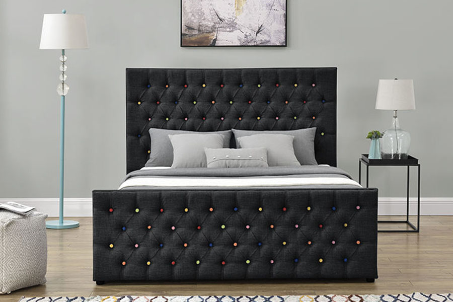 Cadre de lit de rangement avec ascenseur à gaz, plateforme capitonnée à boutons, tissu noir, 1308G