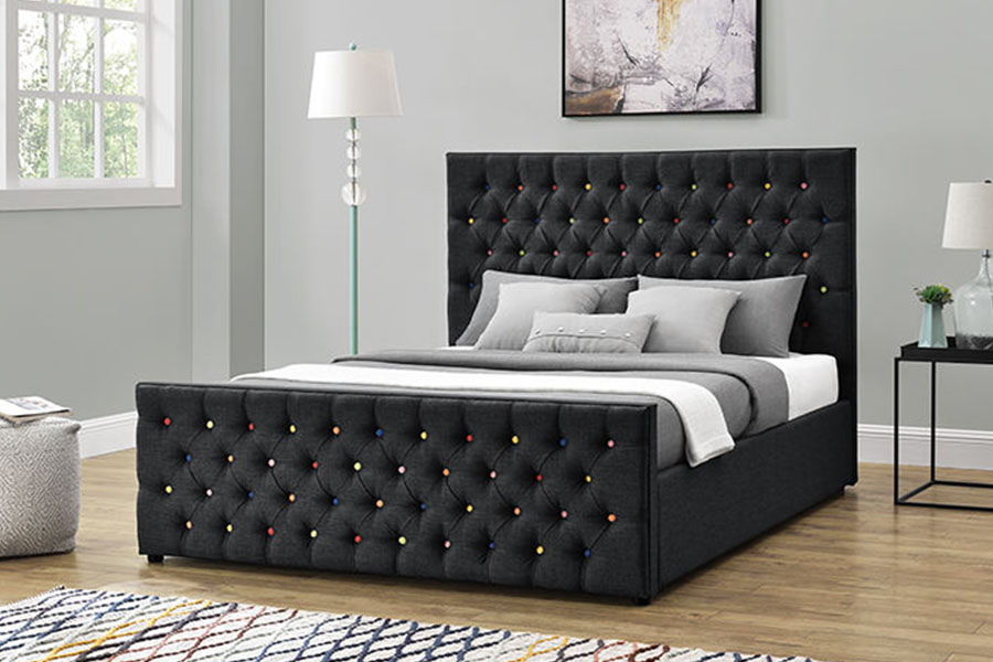 Cadre de lit de rangement avec ascenseur à gaz, plateforme capitonnée à boutons, tissu noir, 1308G