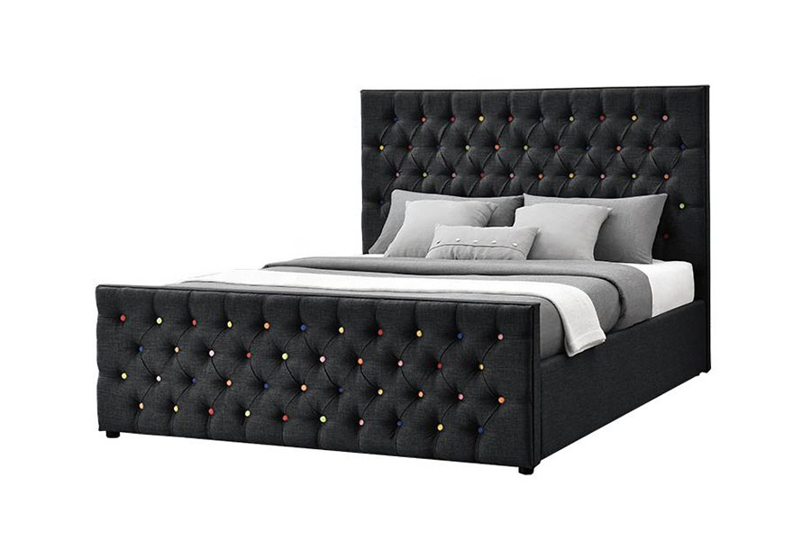 Cadre de lit de rangement avec ascenseur à gaz, plateforme capitonnée à boutons, tissu noir, 1308G