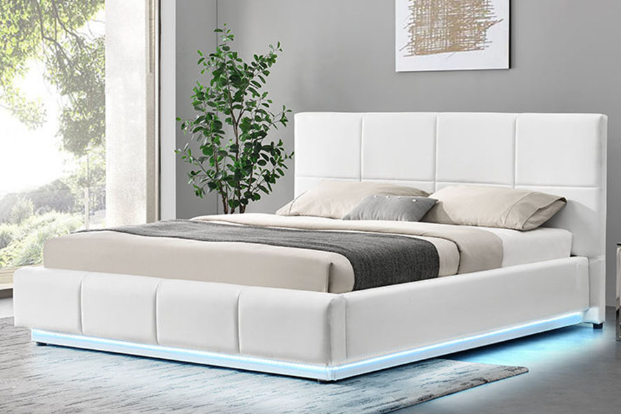 Cadre de lit de rangement rembourré King avec ascenseur à gaz en tissu LED Concave-Ravine 1388G