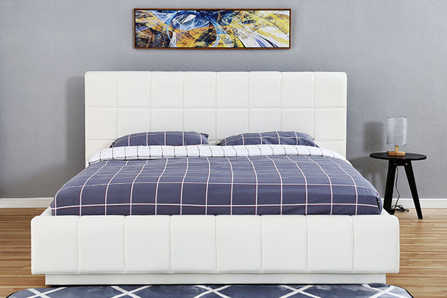 Cadre de lit rembourré de chambre à coucher de stockage en cuir blanc-PU LED à trois côtés 1305G