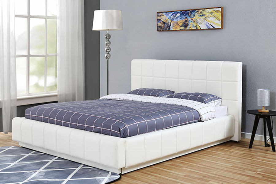 Cadre de lit rembourré de chambre à coucher de stockage en cuir blanc-PU LED à trois côtés 1305G